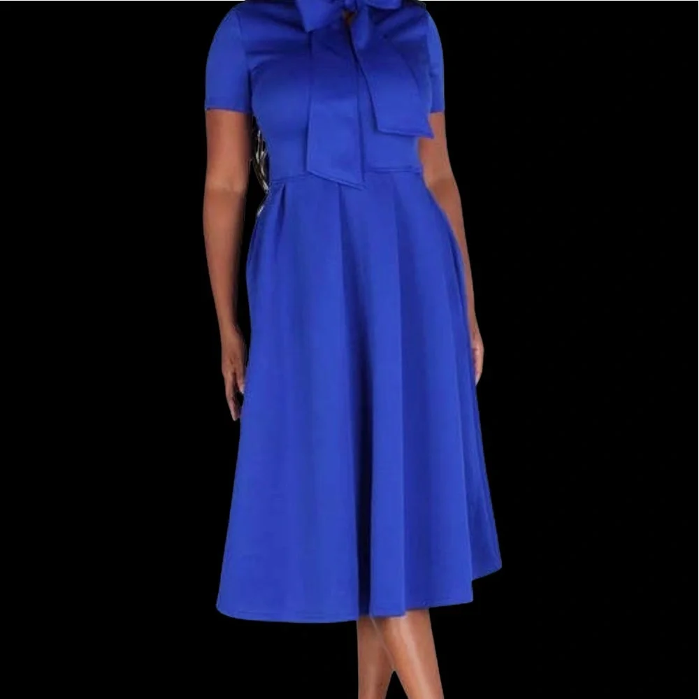 SOLD OUT: Solid Royal Blue Midi Flare Style Dress with Necktie, - Picture 9 of 13